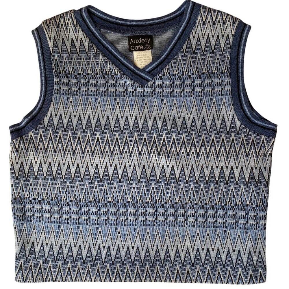 Vintage Anxiety Cafe Blue Chevron Knit Sweater Vest Y2K Retro Indie Grunge-L